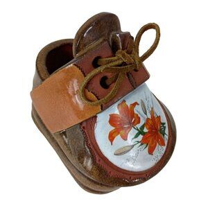The Clay Cobbler Shoe Clog Pottery Flower Pot Floral Glazed Vtg.